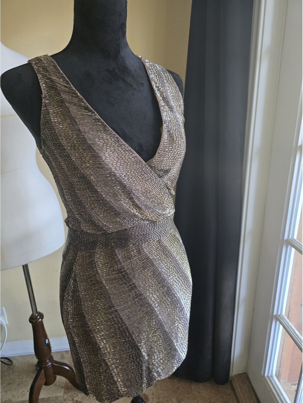 Haute Hippie Womens Brown/Bronze Metallic Beaded SILK Sheath Mini Dress sz XS